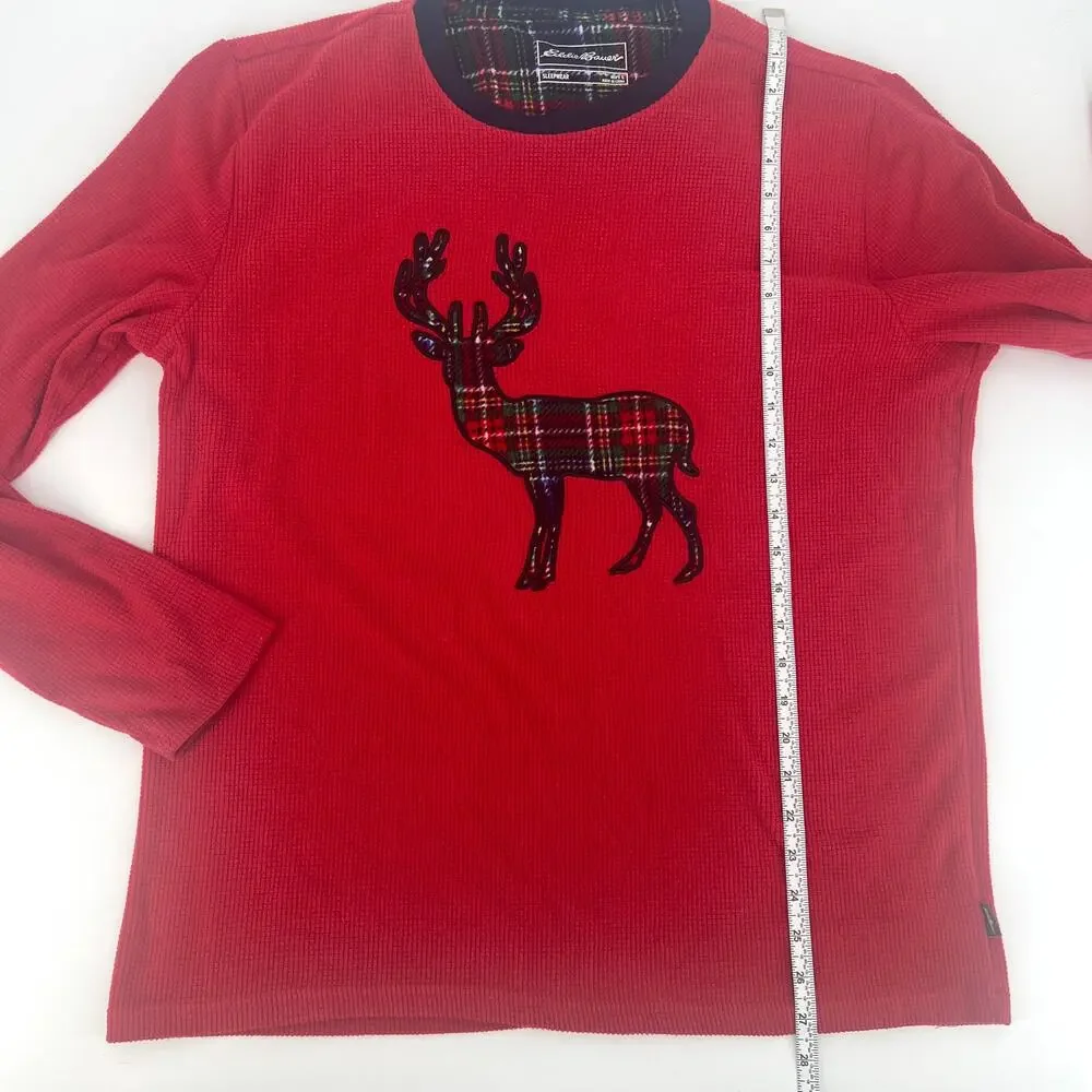 Eddie Bauer Mens Thermal Knit Red Sleep Shirt Reindeer Applique Size L